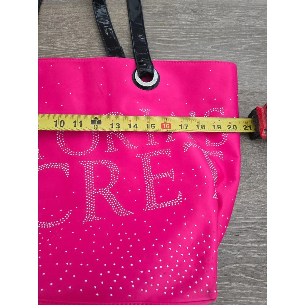 Victorias Secret Hot Pink Rhinestone Logo Tote Bag Black Patent Handles Large